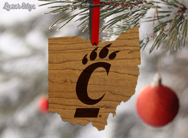 University of Cincinnati Bearcat on State Ornament – Crafted from Cherry and Maple Wood – Cincinnati Bearcats