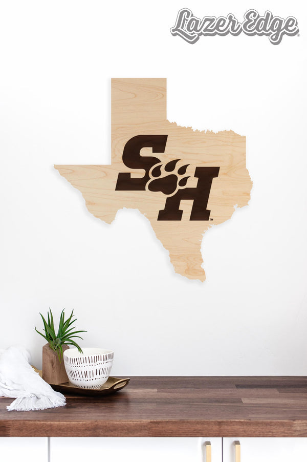 Sam Houston State University Logo on State Wall Hanging - Crafted from Cherry and Maple Wood - Sam Houston Bearkats
