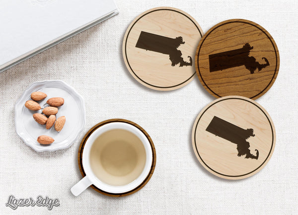 Massachusetts State Map Coaster - Crafted from Cherry or Maple Wood