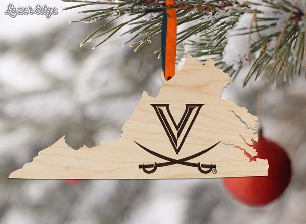 University of Virginia Sabres on State Ornament – Crafted from Cherry and Maple Wood – Virginia Cavaliers