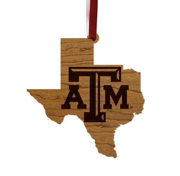 Texas A&M University TAM on State Ornament – Crafted from Cherry and Maple Wood – Texas A and M Aggies