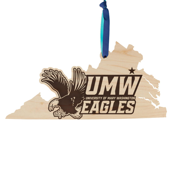 University of Mary Washington Logo on State Ornament – Crafted from Cherry and Maple Wood – UMW Eagles