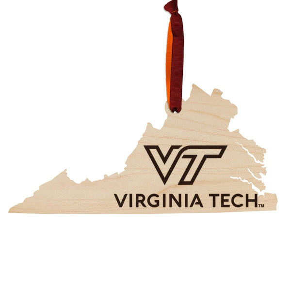 Virginia Tech Academic Mark on State Ornament – Crafted from Cherry and Maple Wood – Virginia Tech Hokies