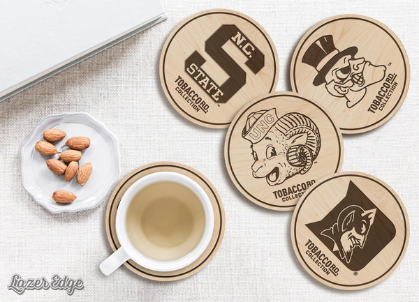 Tobacco Road Colleges Wooden Coasters With Coaster Holder– Crafted from Cherry or Maple Wood