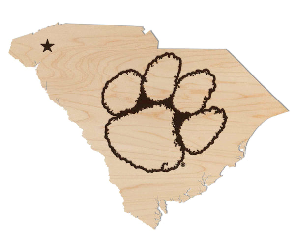 Clemson University Tiger Paw on State Wall Hanging - Crafted from Cherry or Maple Wood - Clemson Tigers