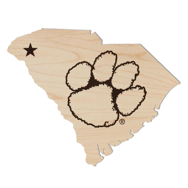 Clemson University Tiger Paw on State Magnet - Crafted from Cherry or Maple Wood - Clemson Tigers