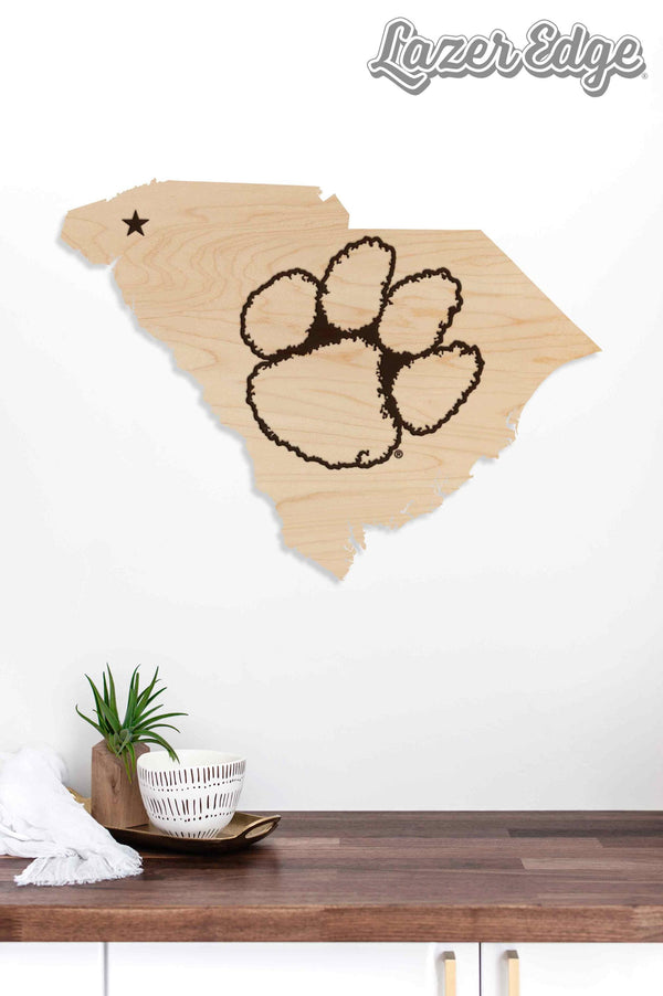 Clemson University Tiger Paw on State Wall Hanging - Crafted from Cherry or Maple Wood - Clemson Tigers