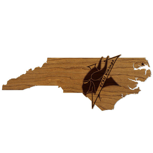 Elizabeth City State University Vikings Logo on State Wall Hanging - Crafted from Cherry or Maple Wood - ESCU Vikings