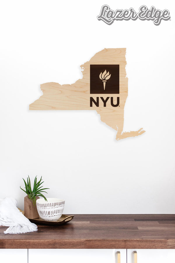 New York University Logo on State Wall Hanging - Crafted from Cherry and Maple Wood - NYU Bobcats