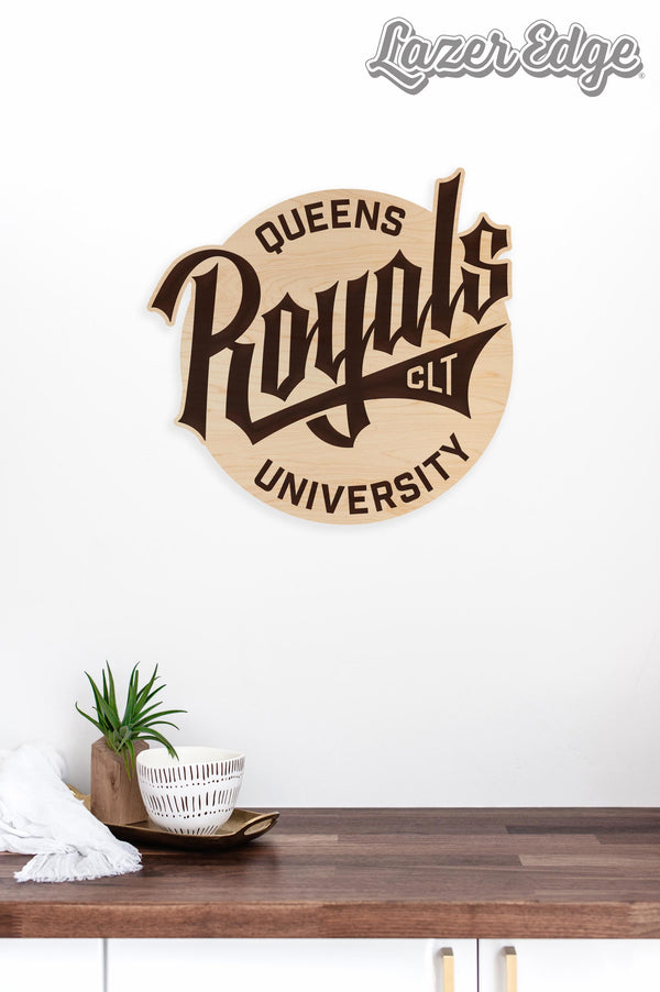 Queens University of Charlotte Royals Wordmark Wall Hanging - Crafted from Cherry and Maple Wood - Queens Royals