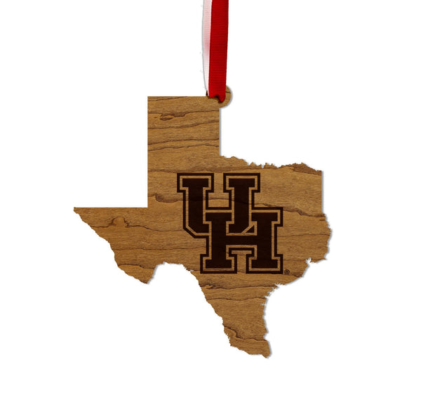 University of Houston UH on State Ornament – Crafted from Cherry and Maple Wood – Houston Cougars