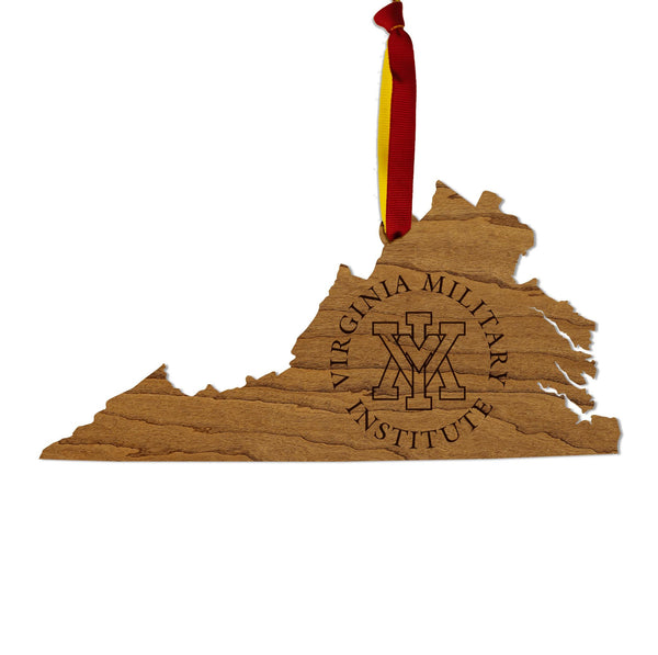 Virginia Military Institute VMI on State Ornament – Crafted from Cherry and Maple Wood – VMI Keydets
