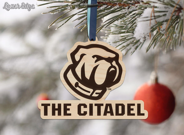 The Citadel Military College Bulldog Ornament – Crafted from Cherry and Maple Wood – The Citadel Bulldogs