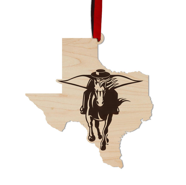 Texas Tech University Red Raider on State Ornament – Crafted from Cherry and Maple Wood – Texas Tech Red Raiders