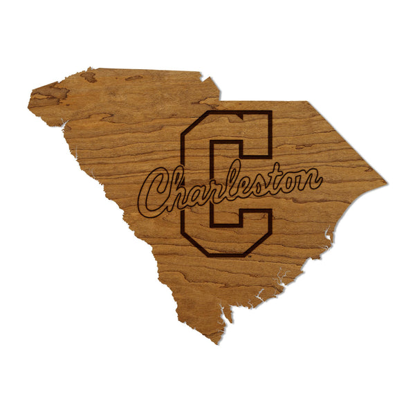 College of Charleston Logo on State Wall Hanging - Crafted from Cherry or Maple Wood - Charleston Cougars