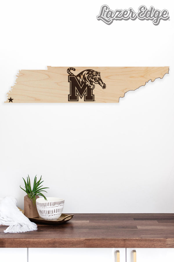 University of Memphis Tigers on State Wall Hanging - Crafted from Cherry and Maple Wood - Memphis Tigers