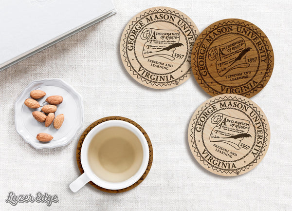 George Mason University Seal Coaster – Crafted from Cherry or Maple Wood – George Mason Patriots
