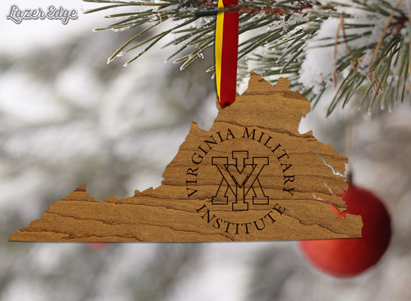 Virginia Military Institute VMI on State Ornament – Crafted from Cherry and Maple Wood – VMI Keydets