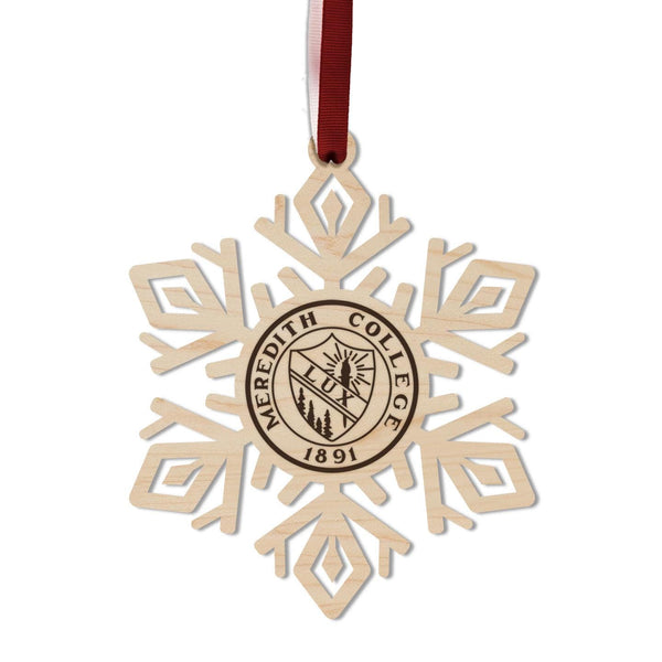 Meredith College Seal Snowflake Ornament – Crafted from Cherry and Maple Wood – Meredith College Avenging Angels