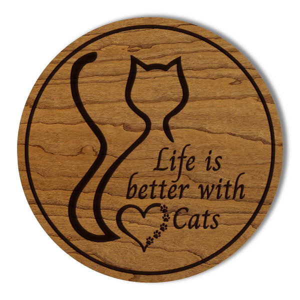 Life is better with Cats Wooden Coaster - Crafted from Cherry or Maple Wood