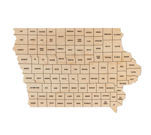 Iowa County Map Wall Hanging - Crafted from Cherry or Maple Wood