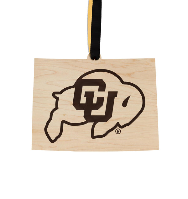 University of Colorado Buffaloes on State Ornament – Crafted from Cherry and Maple Wood – Colorado Buffaloes