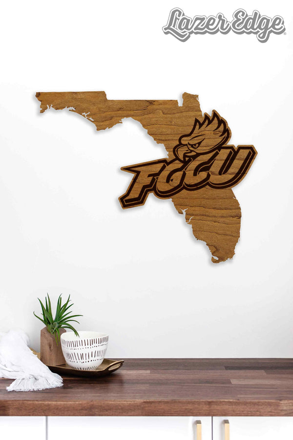 Florida Gulf Coast University FGCU with Eagle Head on State Wall Hanging - Crafted from Cherry or Maple Wood - FGCU Eagles