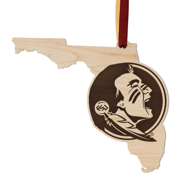 Florida State University Seminoles on State Ornament – Crafted from Cherry and Maple Wood – Florida State Seminoles