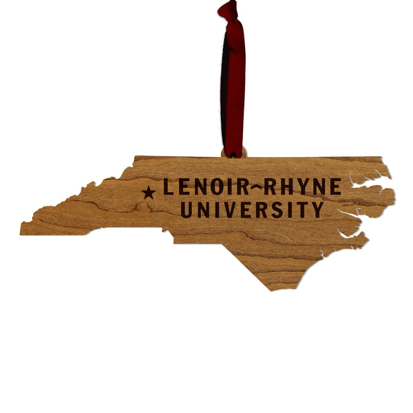 Lenoir-Rhyne University Wordmark on State Ornament – Crafted from Cherry and Maple Wood – Lenoir-Rhyne Bears