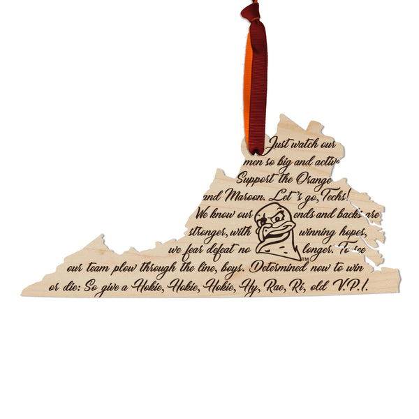 Virginia Tech Fight Song on State Ornament – Crafted from Cherry and Maple Wood – Virginia Tech Hokies