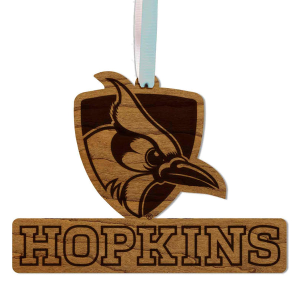Johns Hopkins University Blue Jay Shield Ornament – Crafted from Cherry and Maple Wood – Johns Hopkins Blue Jays