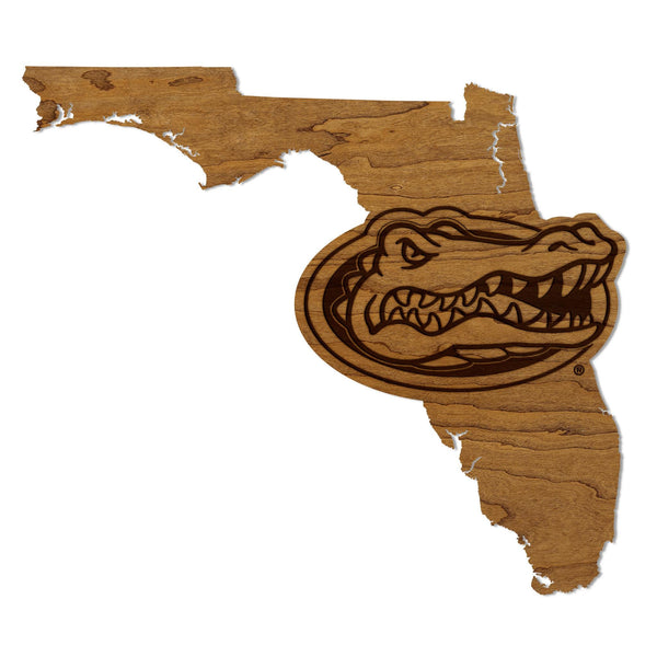 University of Florida Gators on State Wall Hanging - Crafted from Cherry and Maple Wood - Florida Gators