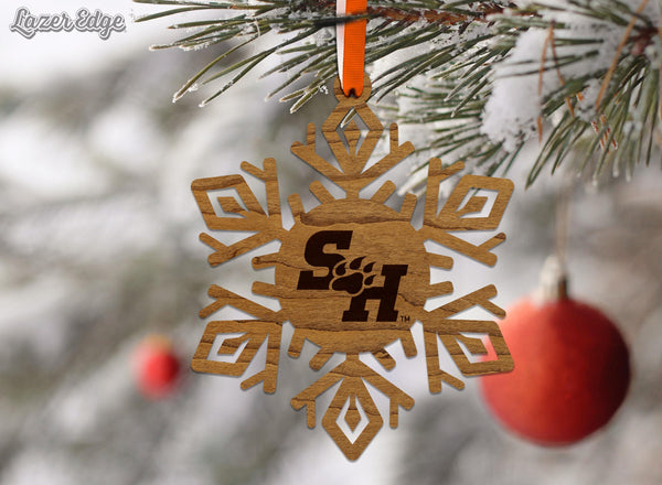 Sam Houston State University Bearkat Snowflake Ornament – Crafted from Cherry and Maple Wood – Sam Houston Bearkats