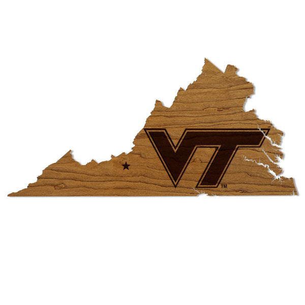 Virginia Tech VT on State Wall Hanging - Crafted from Cherry and Maple Wood - Virginia Tech Hokies