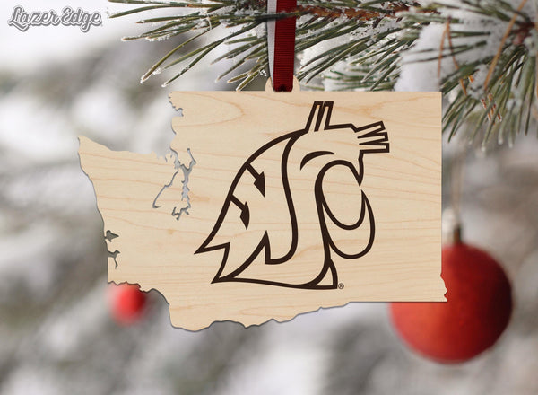 Washington State University Cougar on State Ornament – Crafted from Cherry and Maple Wood – Washington State Cougars