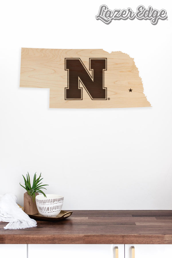 University of Nebraska N Logo on State Wall Hanging – Crafted from Cherry and  Maple Wood - Nebraska Huskers