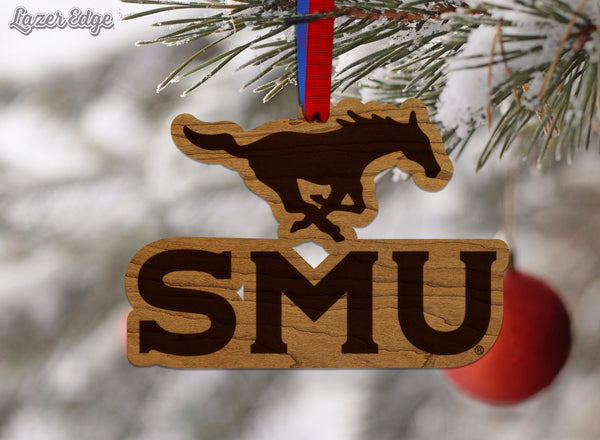 Southern Methodist University Mustang Wordmark Ornament –Crafted from Cherry and Maple Wood – SMU Mustangs