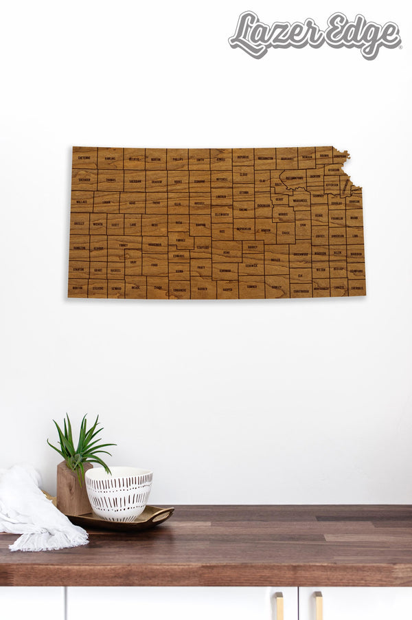 Kansas County Map Wall Hanging - Crafted from Cherry or Maple Wood