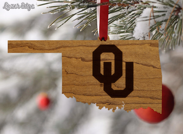 Oklahoma University OU on State Ornament – Crafted from Cherry and Maple Wood – Oklahoma University Sooners