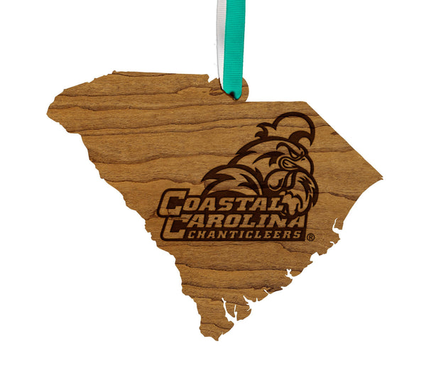 Coastal Carolina University Chanticleers on State Ornament – Crafted from Cherry and Maple Wood – Coastal Carolina Chanticleers