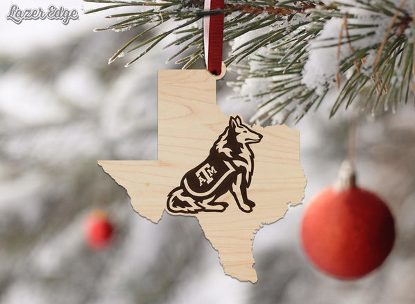 Texas A&M University Reveille Dog on State Ornament – Crafted from Cherry and Maple Wood – Texas A and M Aggies