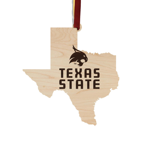 Texas State University Bobcats on State Ornament – Crafted from Cherry and Maple Wood – Texas State Bobcats