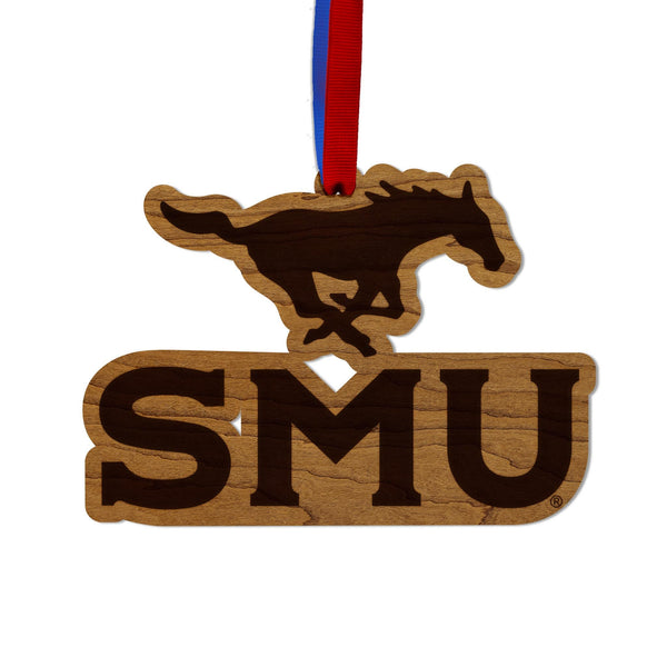 Southern Methodist University Mustang Wordmark Ornament –Crafted from Cherry and Maple Wood – SMU Mustangs