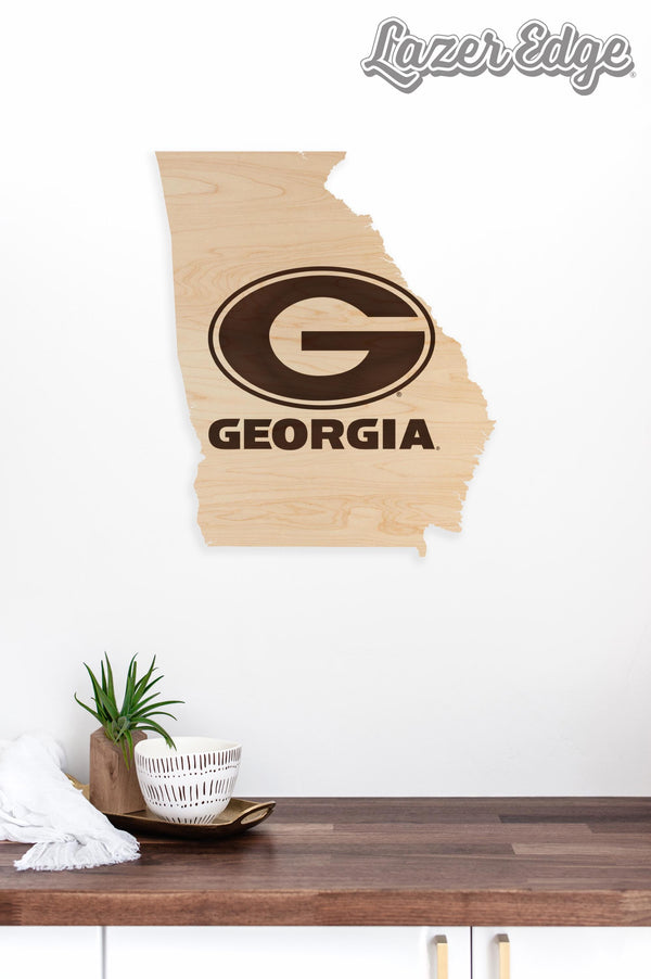 University of Georgia Logo and Wordmark on State Wall Hanging - Crafted from Cherry or Maple Wood - Georgia Bulldogs