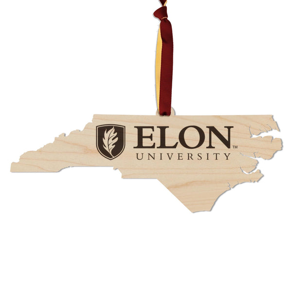 Elon University Signature Mark on State Ornament – Crafted from Cherry and Maple Wood – Elon Pheonix