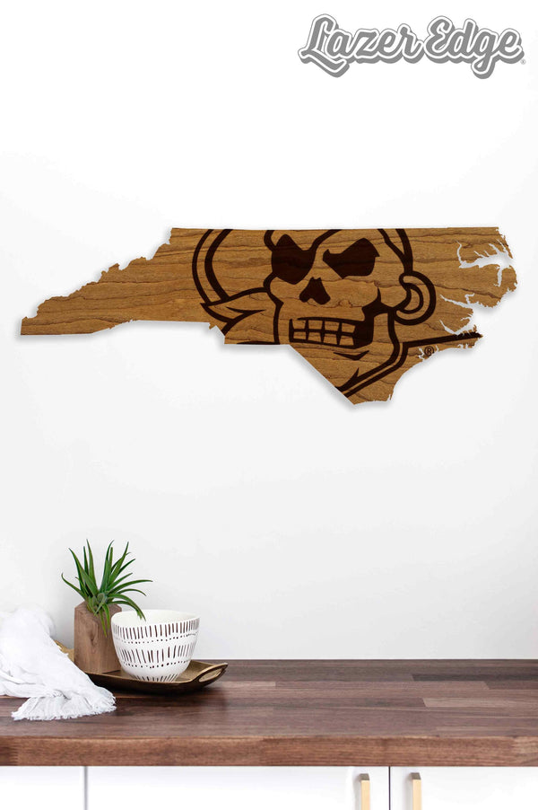 East Carolina University Jolly Roger on State Wall Hanging - Crafted from Cherry or Maple Wood - ECU Pirates