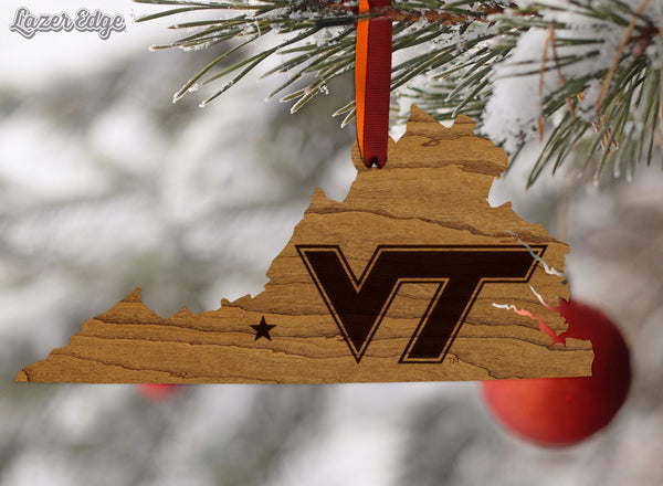 Virginia Tech VT on State Ornament – Crafted from Cherry and Maple Wood – Virginia Tech Hokies