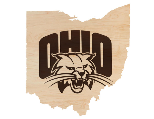 Ohio University Bobcats on State Wall Hanging - Crafted from Cherry or Maple Wood - Ohio Bobcats