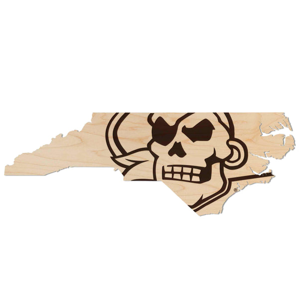 East Carolina University Jolly Roger on State Wall Hanging - Crafted from Cherry or Maple Wood - ECU Pirates