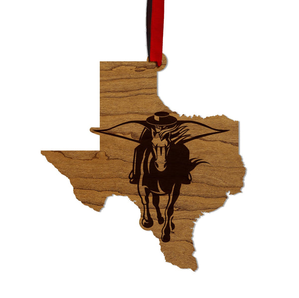 Texas Tech University Red Raider on State Ornament – Crafted from Cherry and Maple Wood – Texas Tech Red Raiders
